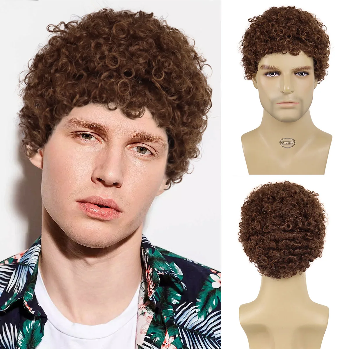 

GNIMEGIL Synthetic Wig for Men Brown Short Kinky Curly Hair Fashion Hairstyle Daily Cosplay Halloween Natural Breathable Men Wig
