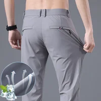 Quick-drying Ultra-thin Men's Casual Pants Summer Solid Color Highly Elastic Soft Ice Silk Slim Business Straight Trousers Black