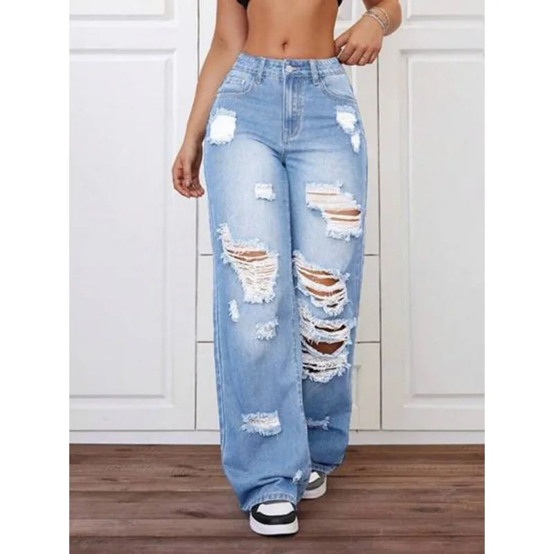 Pantalon pour femmes, jeans tendance bleu clair déchiré, coupe ample et décontractée, jambe large en denim