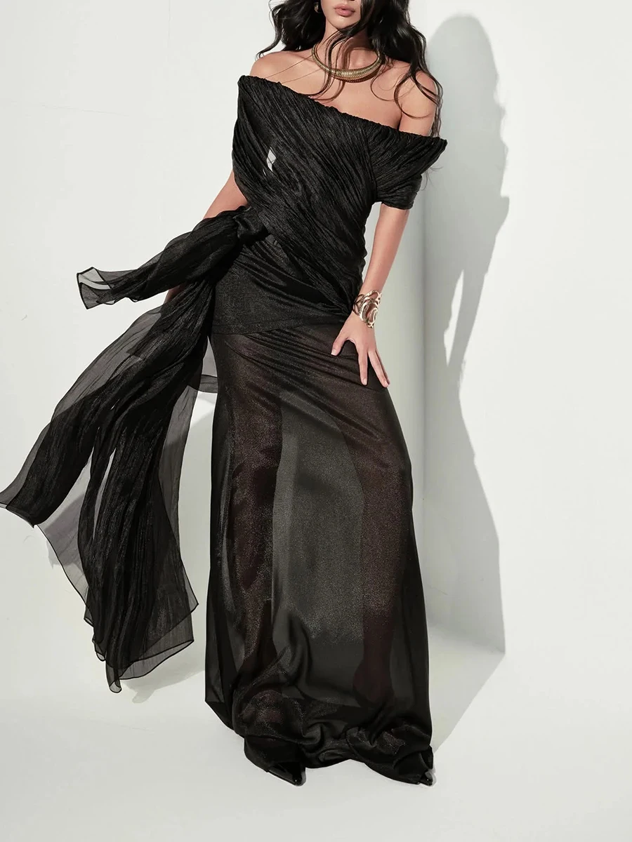 TWOTWINSTYLE Solid Sheer Spliced Folds Elegant Dresses for Women Slash Neck  Long Sleeves Temperament Dress Female Clothing New - AliExpress