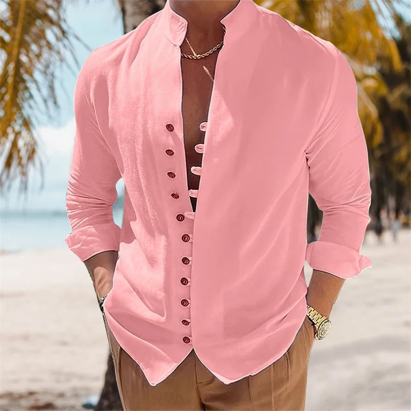 Neues Herren-Leinenhemd, lässige Oberteile, hochwertige, lockere und bequeme, langärmlige Strand-Hawaii-Hemden für Herren_voghion.com