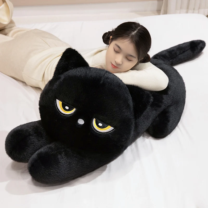 黒猫ぬいぐるみ枕、柔らかいぬいぐるみクッション、かわいい眠っている