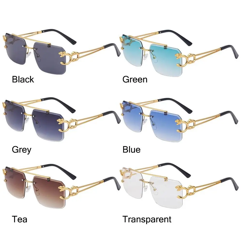 Mode Vintage Randlose Quadratische Sonnenbrille Damen Herren Luxusmarke Designer Beliebte Reisen Fahren Metall Leopardenkopf Sonnenbrille, Braun, Einheitsgröße