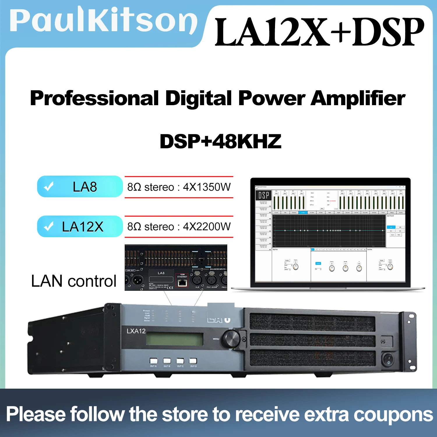 폴킷슨 LA8 4x1350W 8옴 전문가용 DSP 파워 앰프 LAN 연결 소프트웨어 제어 라인 어레이 스피커 앰프