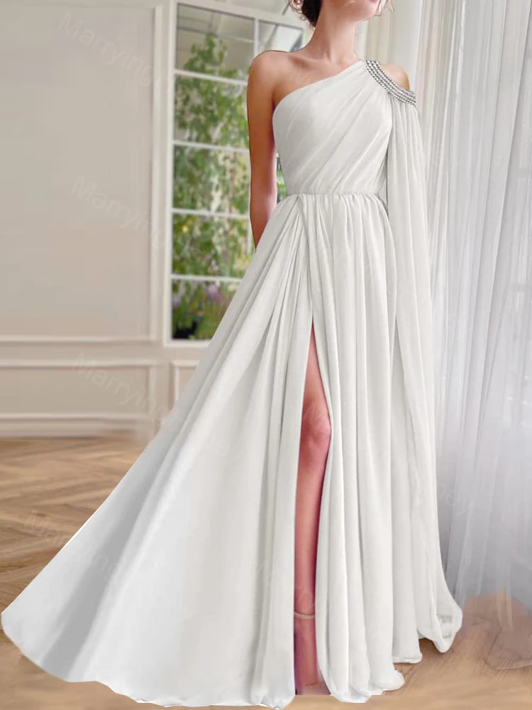 

One Shoulder Prom Dress with Cape Chiffon High Slit Bridesmaid Dress for Women A Line Cutout Formal Evening Party Gown MH900