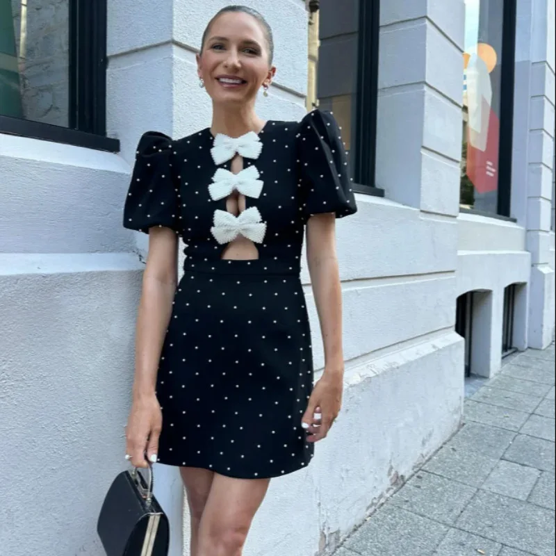 Vestido mini con lazo de moda para mujer, vestido de fiesta elegante de manga corta con retazos calados y diseño de lazo, vestido de calle para mujer