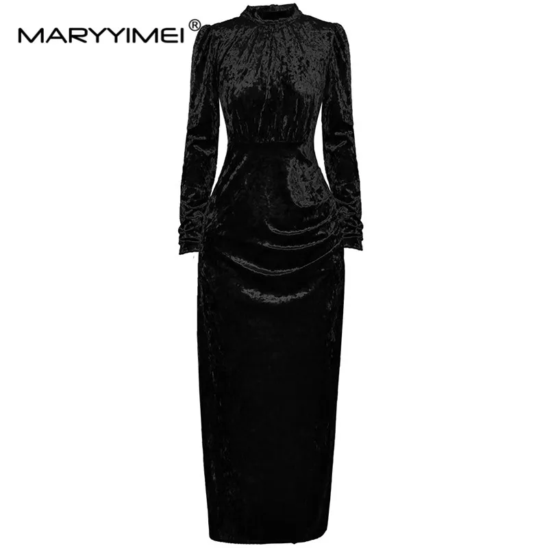

MARYYIMEI Fashion Designer Autumn Winter Women's dress Standing collar Long sleeved Ruched Slim Package hip Velvet Dresses