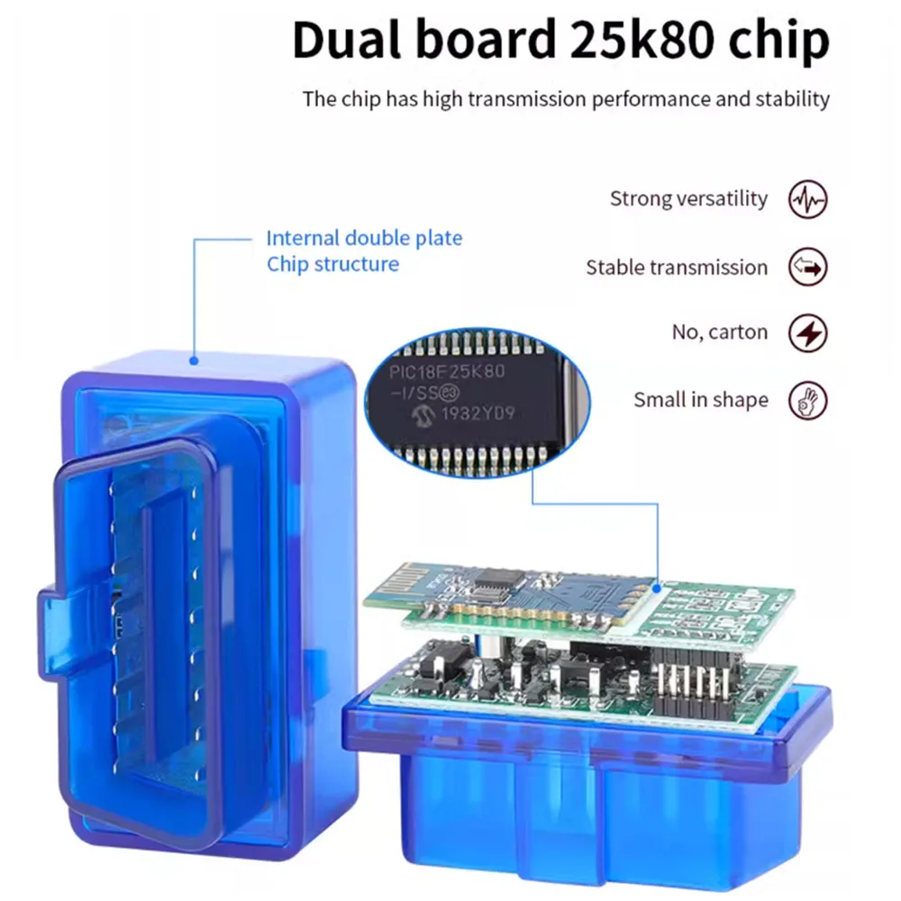 2Layer Hardware V1.5 Chip PIC18F25K80 ELM327 Bluetooth V1.5 Auto Code Reader Super MINI ELM 327 Works Android Symbian Double PCB 6