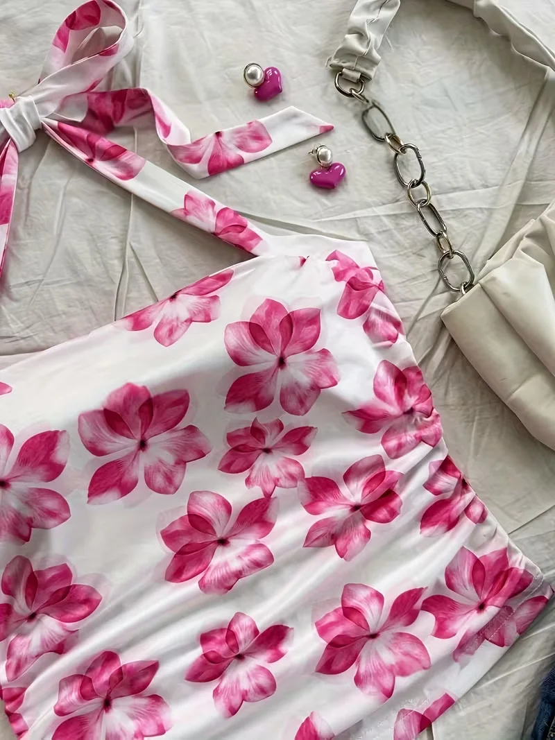 Women's summer short top, pink floral camisole vest, suitable for vacation style girls Sb5a37ae8b78b42e8bc258cbd78589100y