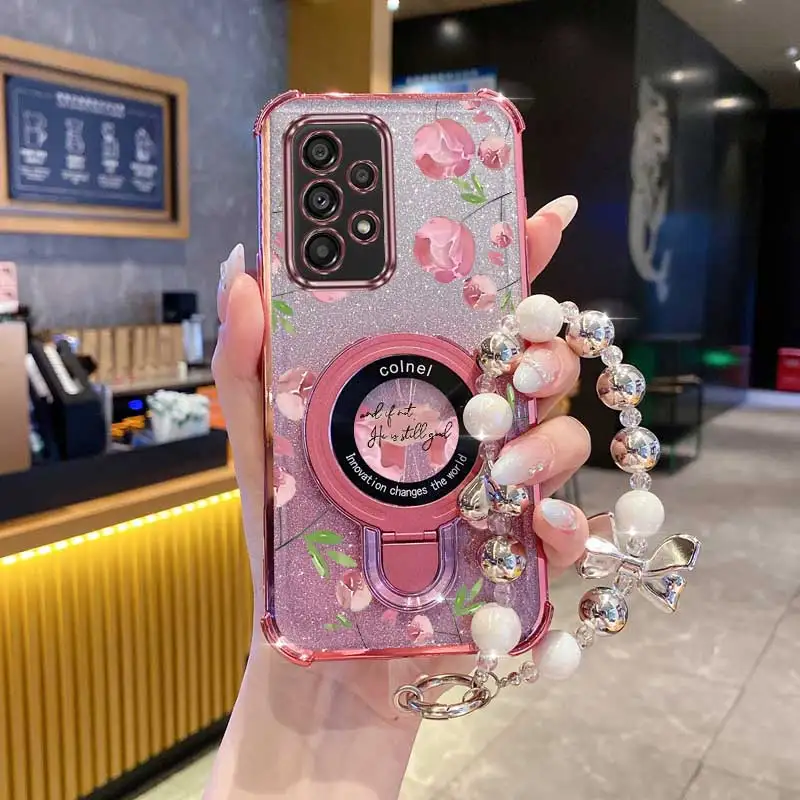 Pearl Strap Glitter Pink Flowers Phone Holder Case