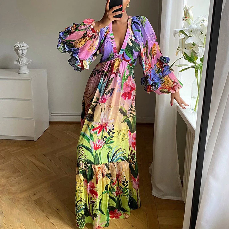 

2023 Women's Summer New Print Gradual Color Beauty Lotus Leaf Edge V-neck Sexy Show Thin Long Clothes Classic Beach Dress S~3XL