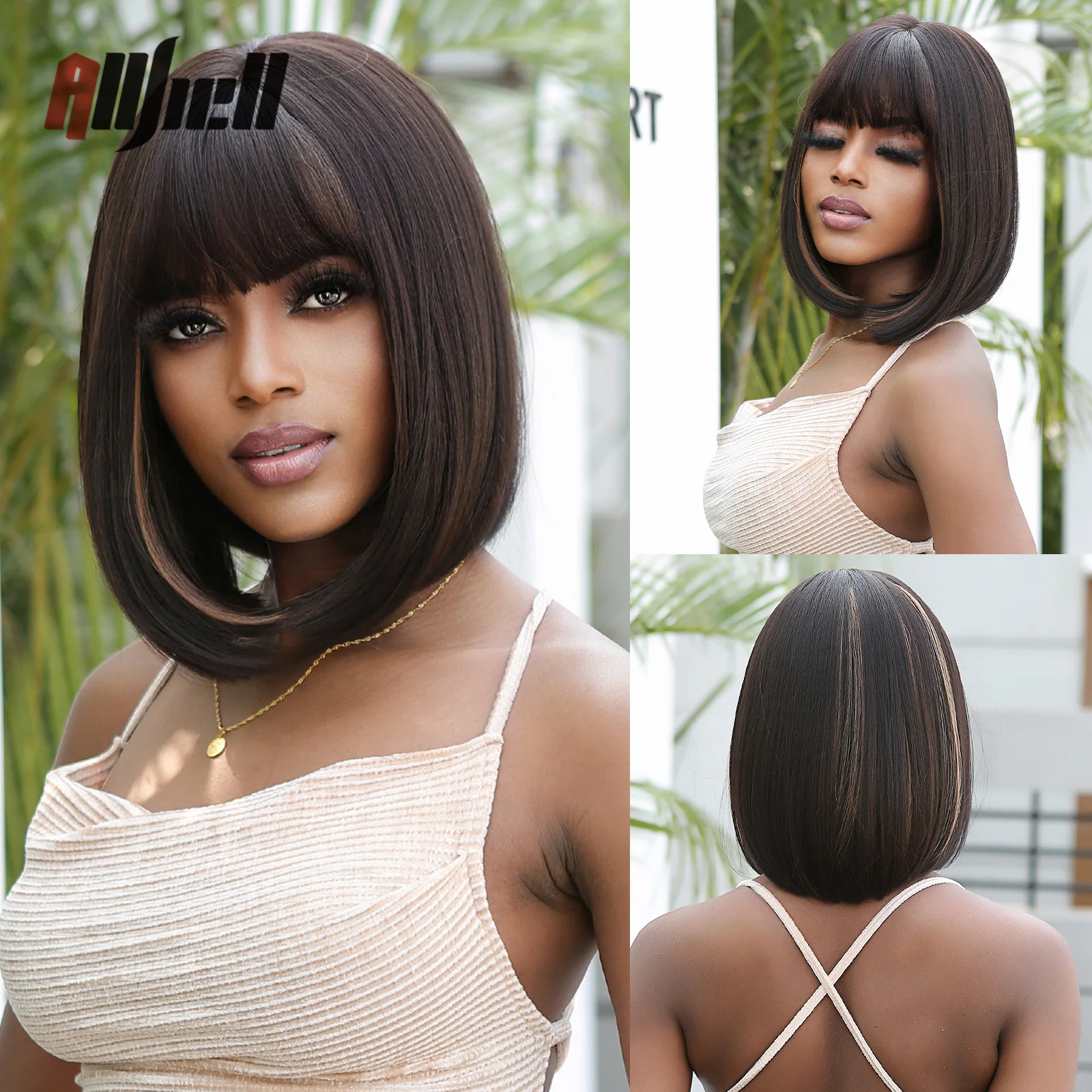 

Synthetic Short Straight Bob Wigs with Bangs Mixed Black Brown Golden Natural Hair Wigs for Women Heat Resistant Cosplay Wig