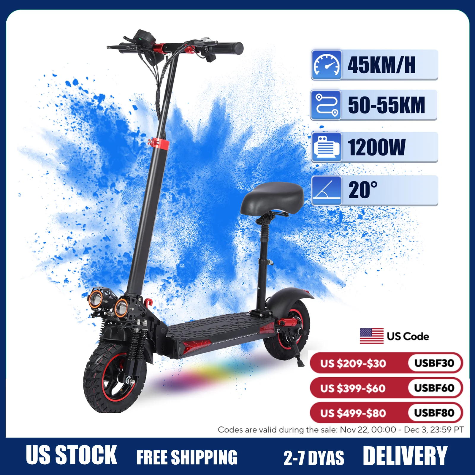 Electric Scooter with Seat for Heavy Adults 1200W Motor 28MPH Range 35Miles Foldable
