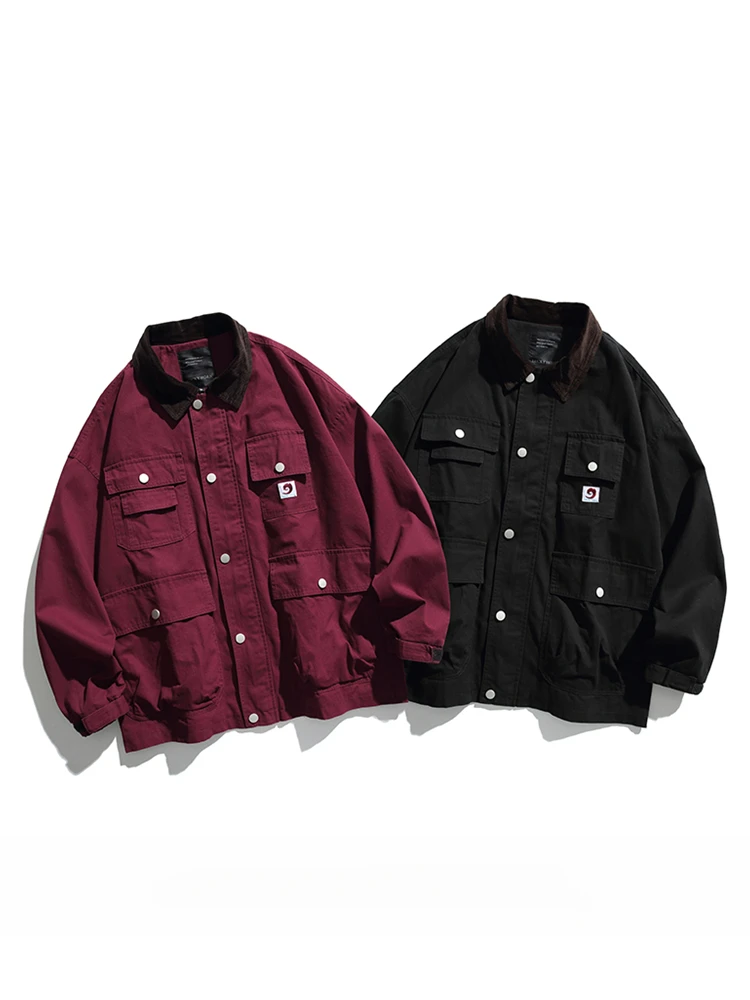 Spring and Autumn Spliced Lapel Outdoor Workwear Jackets Men's Japanese Trendy Brand Multi-Pockets Loose Casual Button Coats