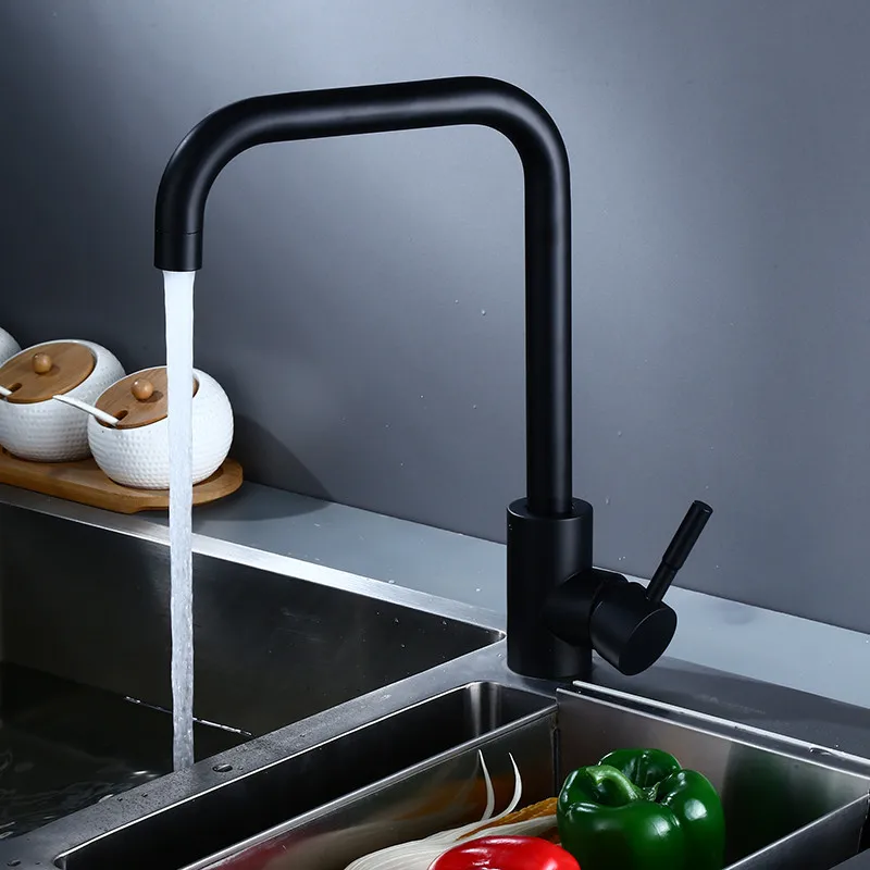 304 Stainless Steel Kitchen Sink Faucet Hot & Cold Mixer Water Taps Single Handle Deck Mounted Rotating Black Crane Vessel 360° rotating splash proof sink taps 2 mode handle pull cold stainless steel kitchen faucets and hot mixer one click water sto