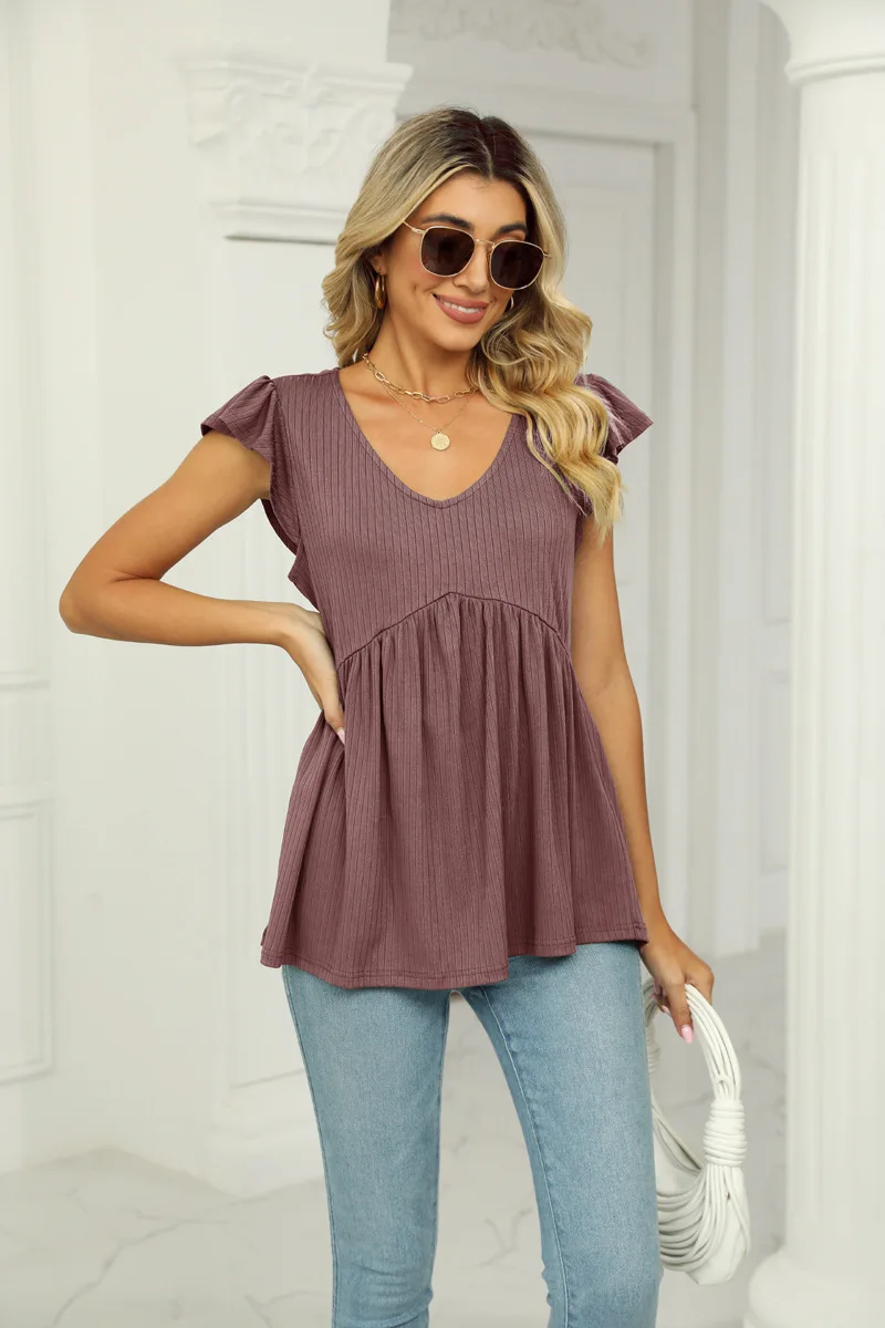 Summer Cute Babydoll Bloues Flare Tunic Loose Peplum Pleated V Neck Short Sleeve Plain Woman Tshirts Knit Rib T Shirt Tees Top