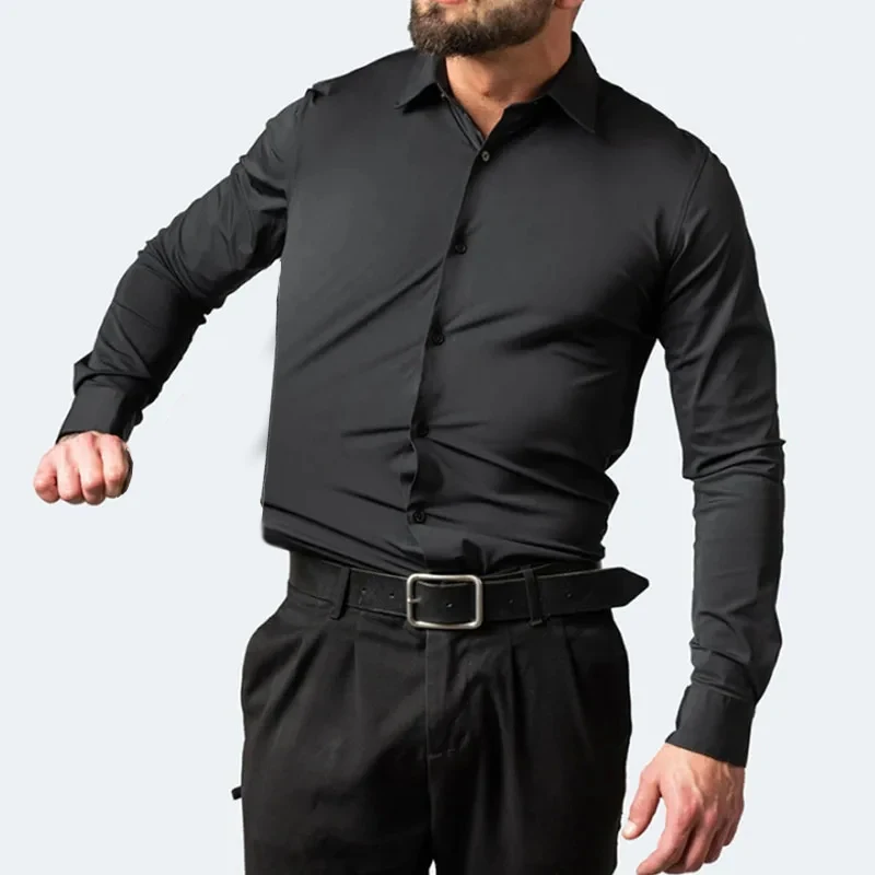 Slight Elasticity Men\'s Long-sleeved Business Casual Shirt Solid Color Slim Non Iron Dress Shirts Plus size