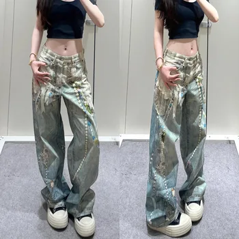 Y2k Jeans Baggy Fashion New Product 3D Printed Lace Pearl Chain Straight Tube Women Pants High Waisted Jeans Pants for Woman 1