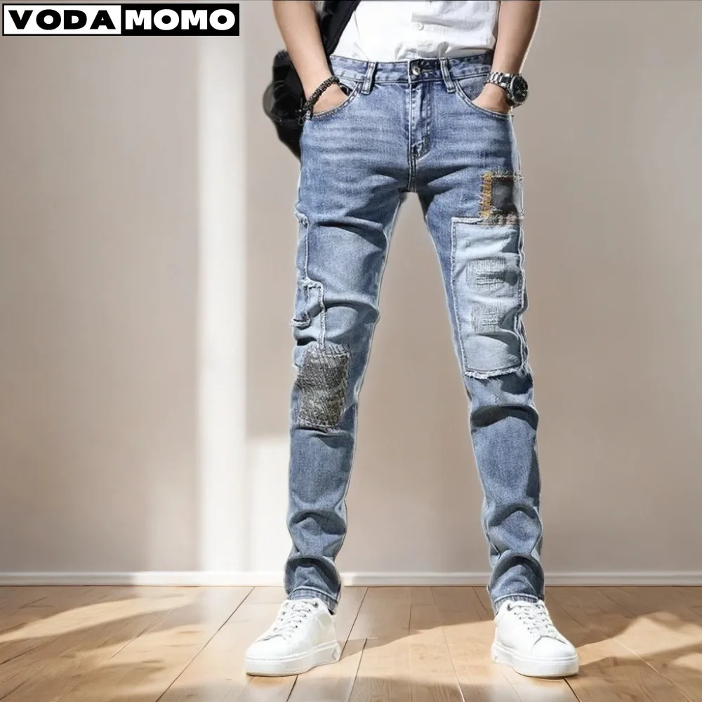 

2023 Men Pants Pantalones Hombre Slim Straight Frayed Denim Clothes Men New Fashion Skinny Trousers ClothesStylish Ripped Jeans