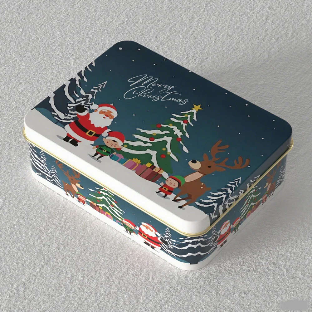 Weihnachtliche runde Bonbondose mit Cartoon-Elch und Weihnachtsmann-Motiv, festliche Weihnachtsdose aus Weißblech für Geschenke und Süßigkeitenverpackung