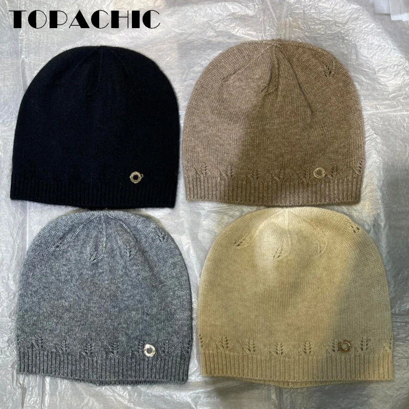 

11.10 TOPACHIC Women's Windproof Keep Warm Fashion Beanies 100% Cashmere Knitted Hollow Out Solid Color Skull Cap