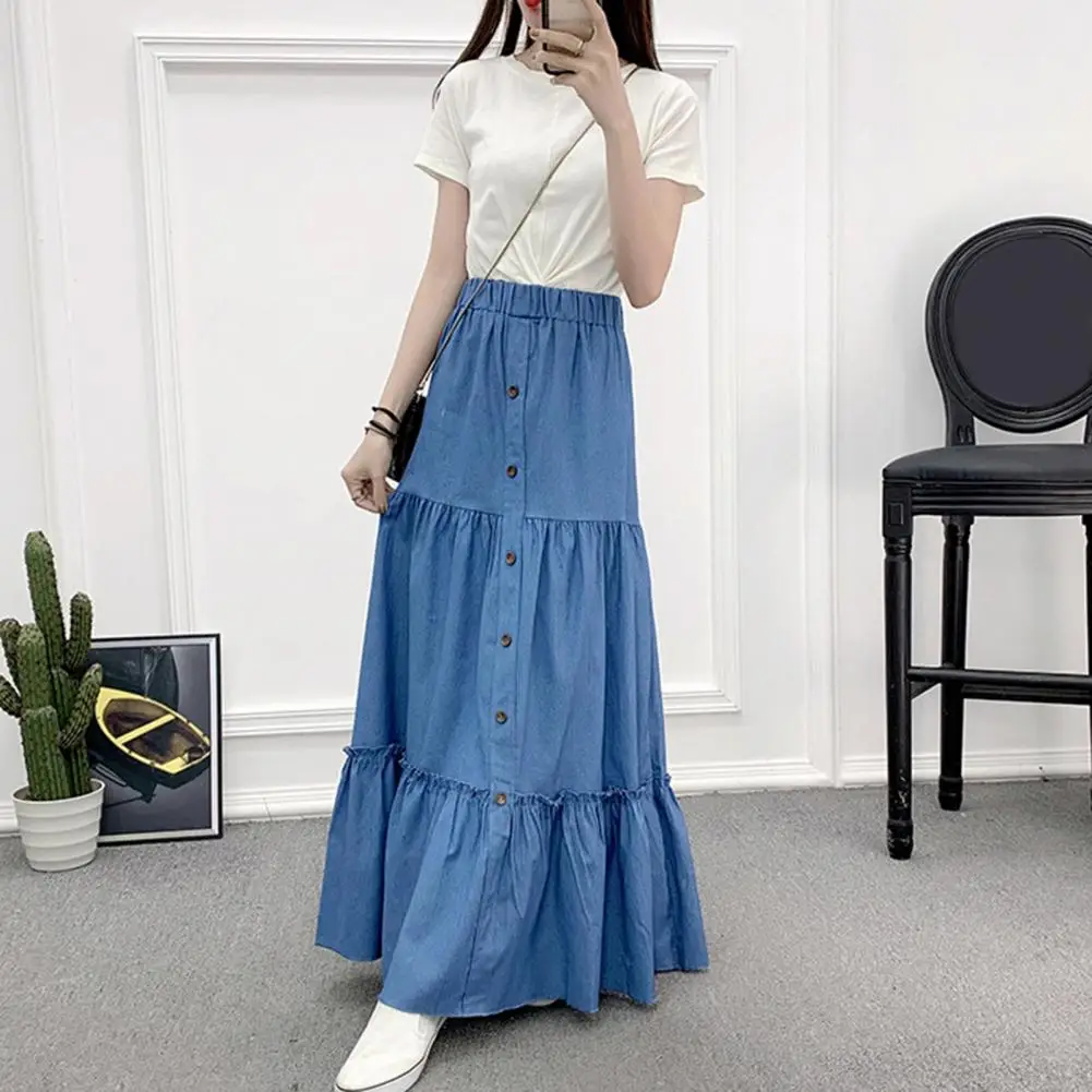 

Trendy Women Skirt Shirring Soft Denim Skirt Full Length Lady Denim Skirt
