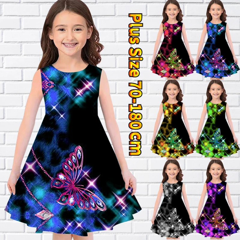 

2022 Summer Round Neck Dress Little Girl Daily Butterfly Print Knee-length Skirt Sleeveless Midi Skirt Fashion Princess Dress