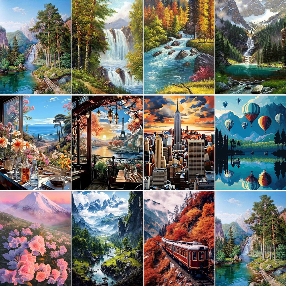 滝の山の絵、数字による手描きのキャンバス、大人のための風景