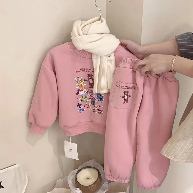 

Baby Velvet Hooded 2pcs Sets Winter Children Baby Infants Kids Thickening Cartoon Printed Sports Suit Children's Clothes