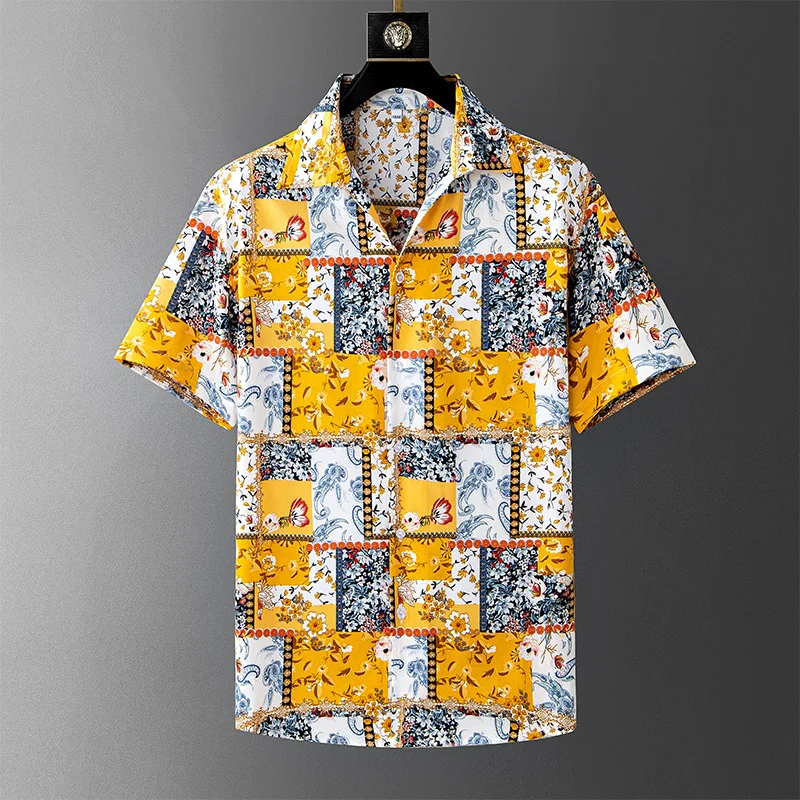 

Leisure lapel printed thin color patchwork shirt for men's short sleeved cross-border foreign trade shirt