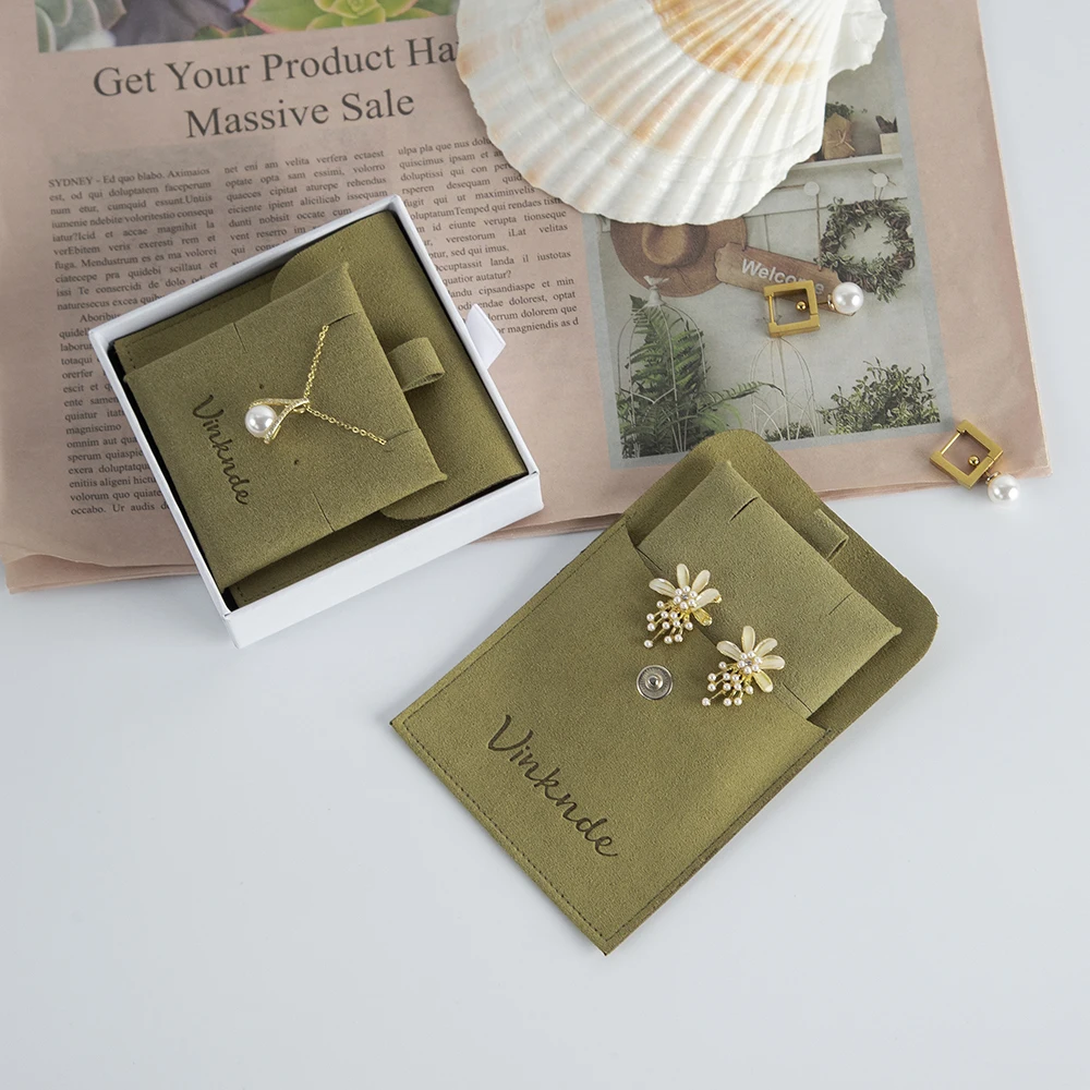 Custom Logo Snap Button Suede Jewelry Packaging Earring Gift Pouch with Insert Pad Cards Microfiber Necklace Ring Organizer Bags