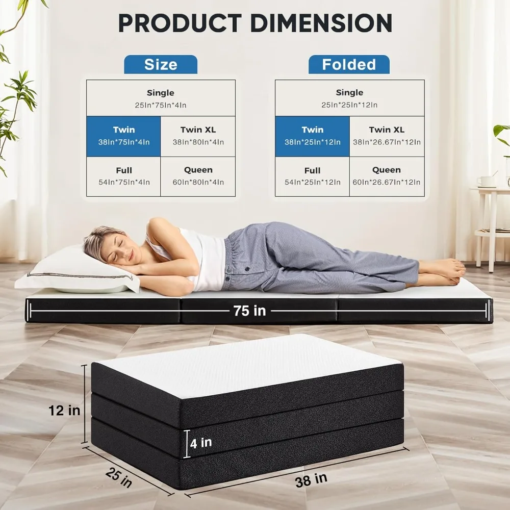 Tri-fold Memory Foam Mattress - 4 Inch Twin Size Portable Floor Bed,Foldable Mat for Kids and Adults,Collapsible&Washable Cover 2