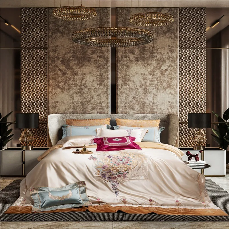 

Luxury Exquisite Embroidery Patchwork Duvet Cover Decorative Silky Satin Cotton Bedding set Bed Sheet Bedspread Pillowcases