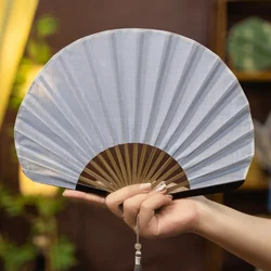 Retro Solid Color Cotton Linen Portable Folding Fan - Cute and Compact Design (Blue)