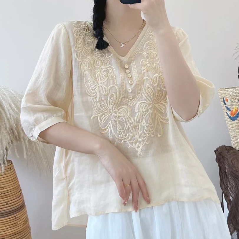 

AYUALIN Casual Floral Embroidery Summer Blouses 2022 Half Sleeve Loose Ramie Shirts for Women Vintage V-neck Maxi Shirt Blouse