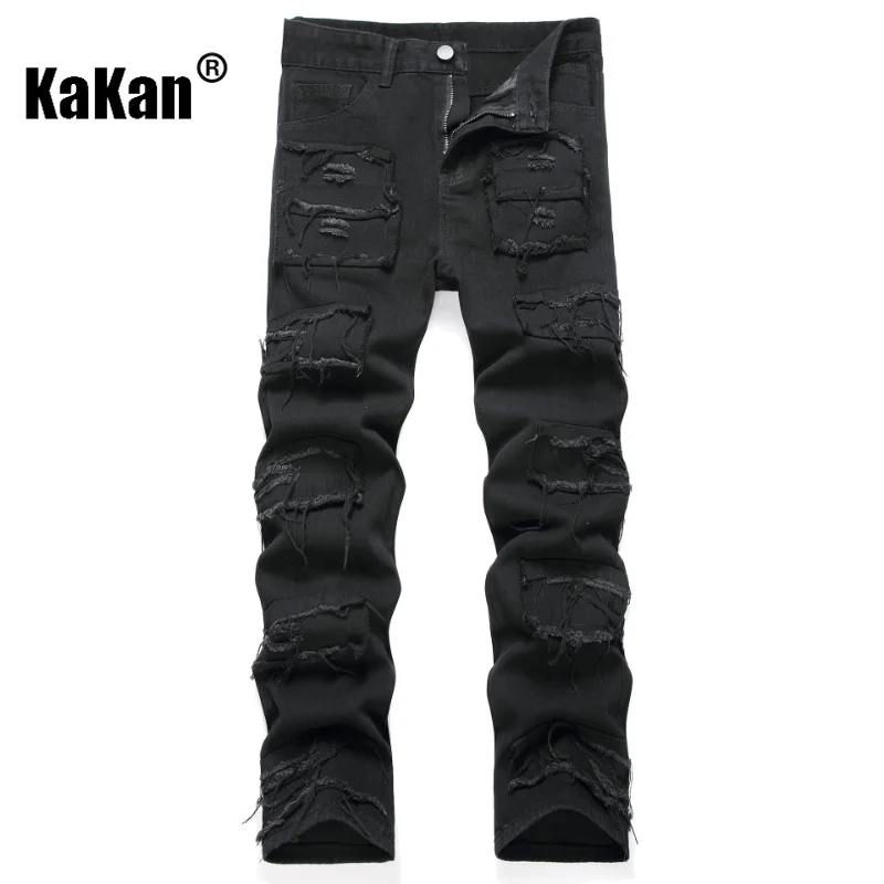 Kakan - European and American New Casual Slim Fit Small Foot Elastic Straight Leg Jeans for Men, Black Scratched Long Jeans9-010