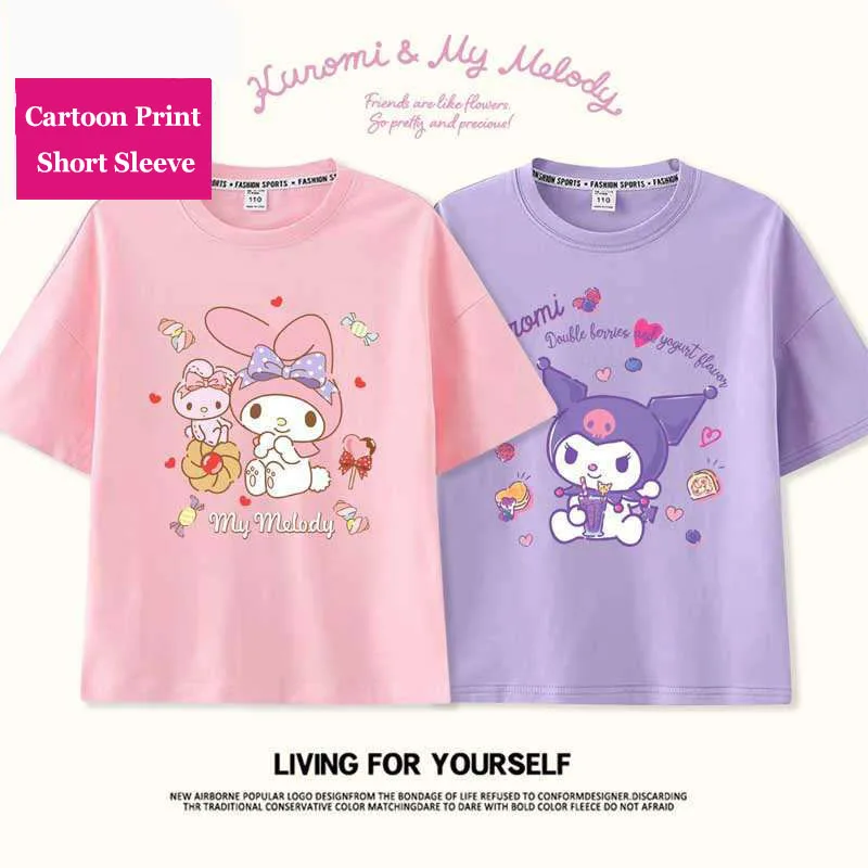 

Sanrios Kids Short Sleeve Mymelody Kuromi Girl Cotton T-Shirt Cartoon Print Short Sleeve Fashion Casual Tops Summer Kids Clothes