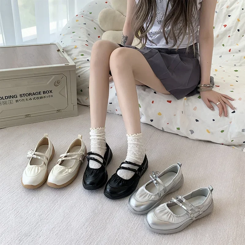 Silver Mary Jane Shoes for Women Sneakers New Fashion Bowknot Belt Buckle Casual Shoes Soft Leather Platform Walking Flats