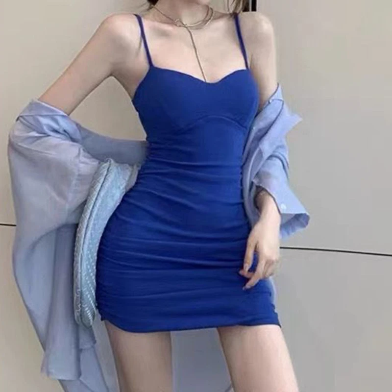 

Blue Slip dress 2023 new early spring summer tight bag hip sweet hot girl fried street suspender dress women