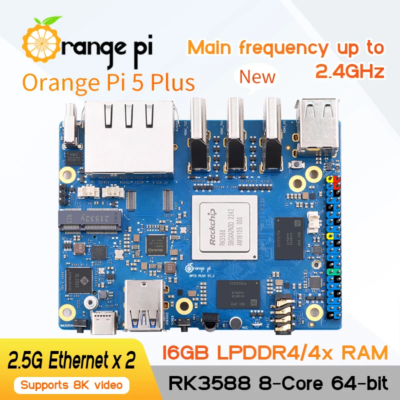 Orange Pi 5 Plus 16GB RK3588 2.4G Dual Ethernet Ports with PCIE Computer Run Android Ubuntu Debian OS Development Single Board