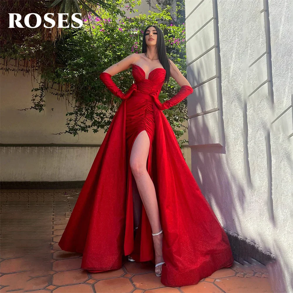 Vestidos de Fiesta de sirena plisados rojos, vestido de noche de tul con abertura lateral de rosas, vestido de fiesta sin mangas con escote corazón