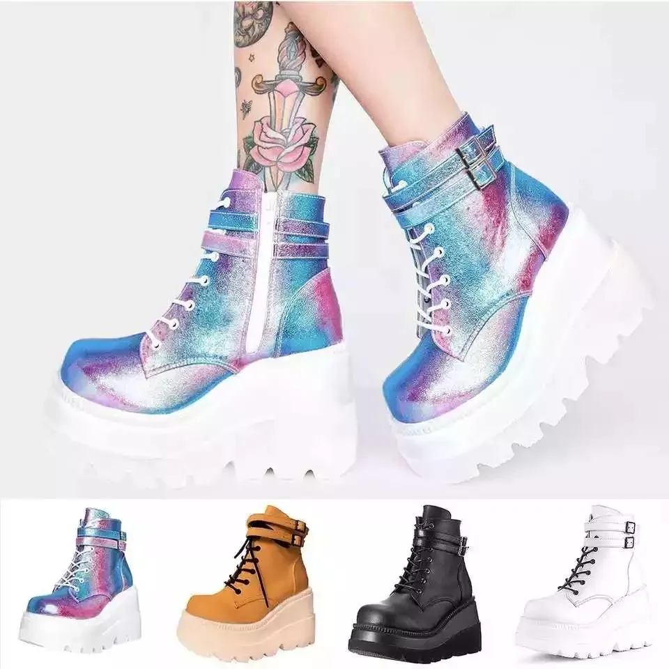 

Punk Style Gothic Belt Buckle Women'S Boots With Raised Sloping Heels Short Sleeves And Large Martinn Boots Date Party Ball