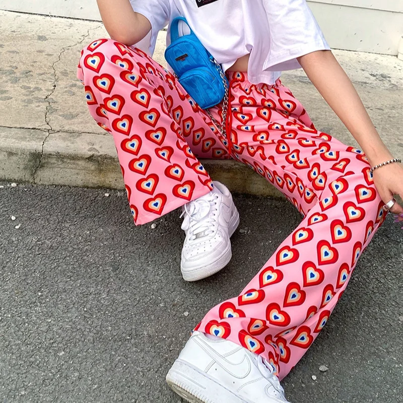 2023 Fashion Spring and Summer Heart-shaped Print High Waist Drawstring Loose and Thin Drape Wide-leg Pants Trousers Thin Women women s korean slim fit trousers casual pants summer streetwear y2k heart shaped high waist straight leg cut out ripped jeans