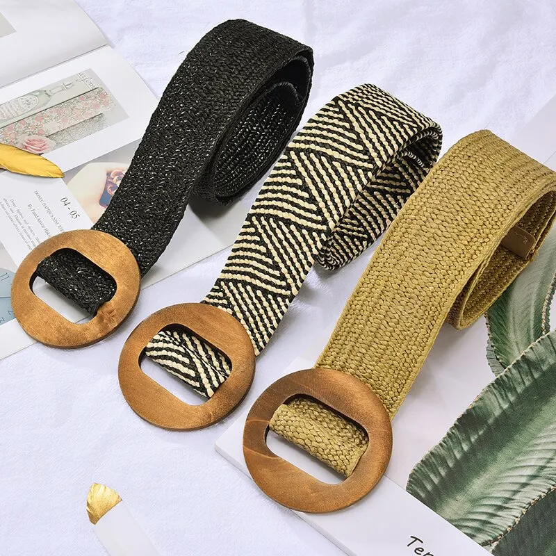 Women's Belt Elastic Woven Wide Belt PP Grass Waist Seal Wood Round Buckle Belt Fashion Ethnic Style Paired with Coat Skirt Belt