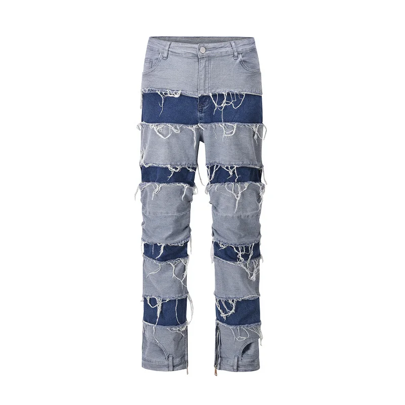 

Street Fashion Hip-hop Patchwork Jeans Men Washed-out Color Contrast Straight Pant Couple Harajuku Casual Loose Stretch Trousers