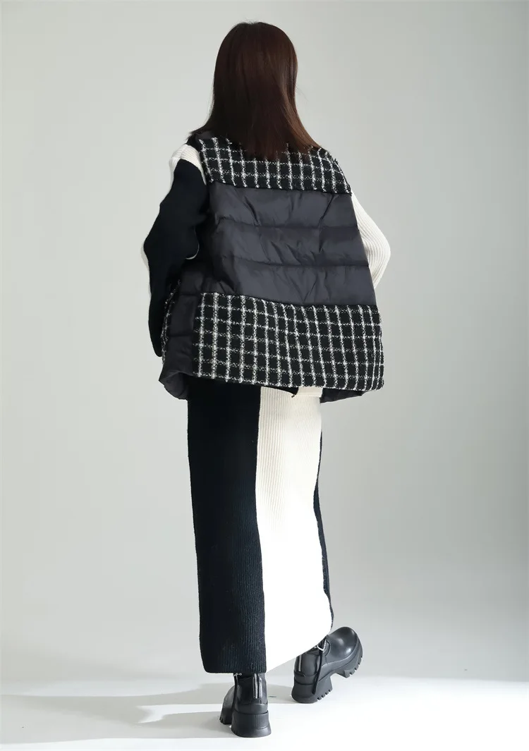 Down Vest Coat Women White Duck Outerwear Autumn Winter Square Contrast Stitching Patch Checkered Pocket Jacket Black Waistcoat