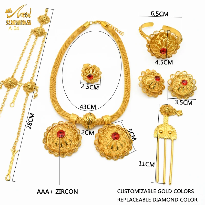Bridal Jewelry Sets for ANIID Dubai Ethiopian Flower Shape Plated 6pcs for Women Nigerian Luxury Necklace Wedding Party Gifts