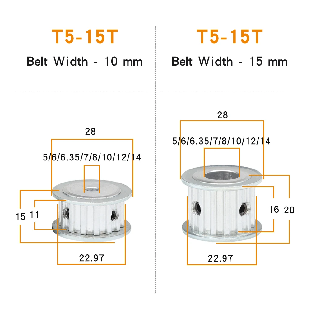 타이밍 풀리 T5-15T 보어 5/6/6.35/7/8/10/12/14mm 합금 바퀴 AF 모양 피치 5mm 일치 T5 폭 10/15mm 타이밍 벨트