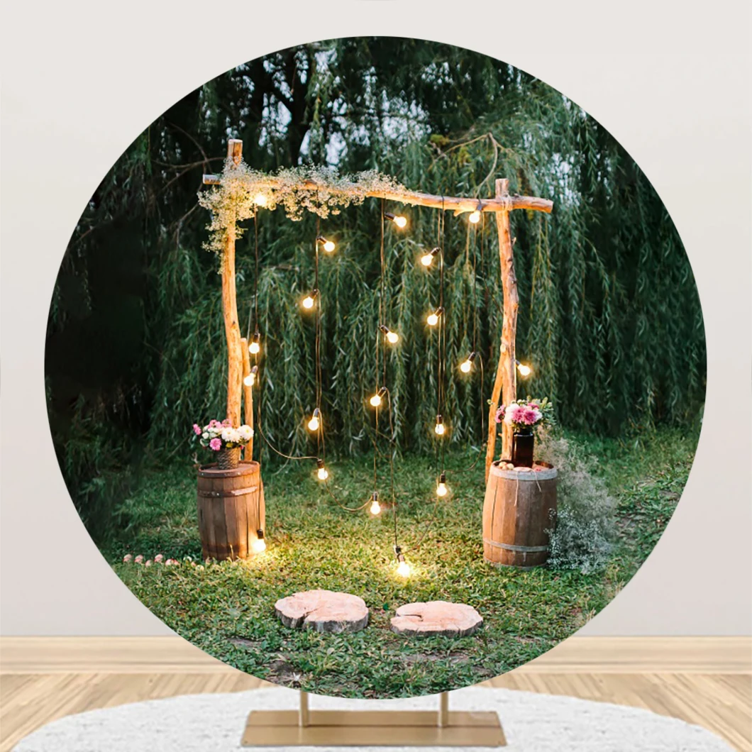 

Laeacco Engagement Ceremony Round Backdrop Wedding Arch Twinkle Lights Floral Bouquets Lover Portrait Photography Background