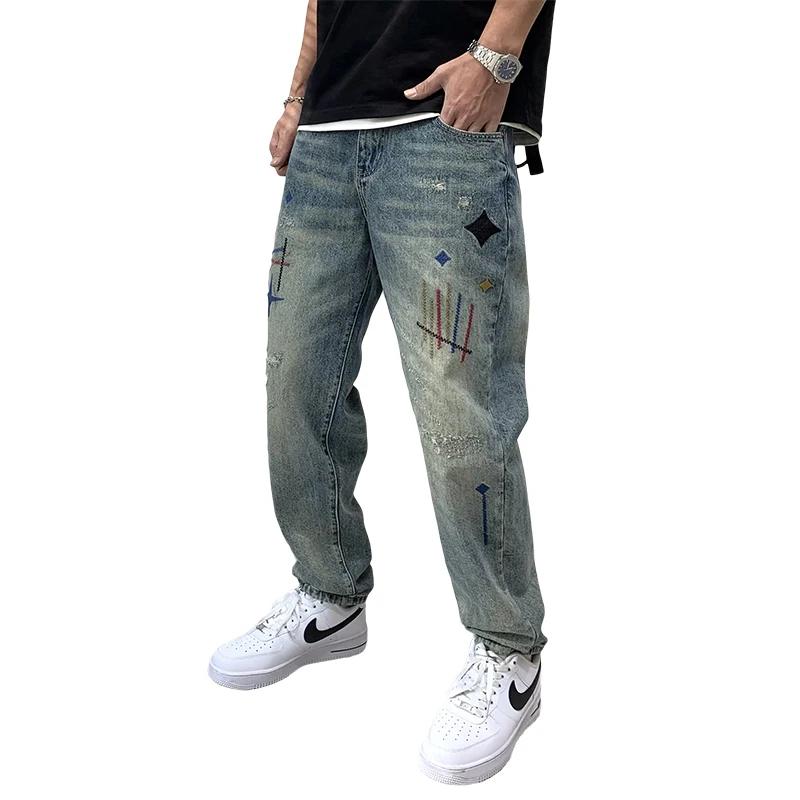 New American Style Embroidered Straight Leg Jeans For Men'S High Street Trendy Retro Loose Floor Casual Versatile Denim Pants